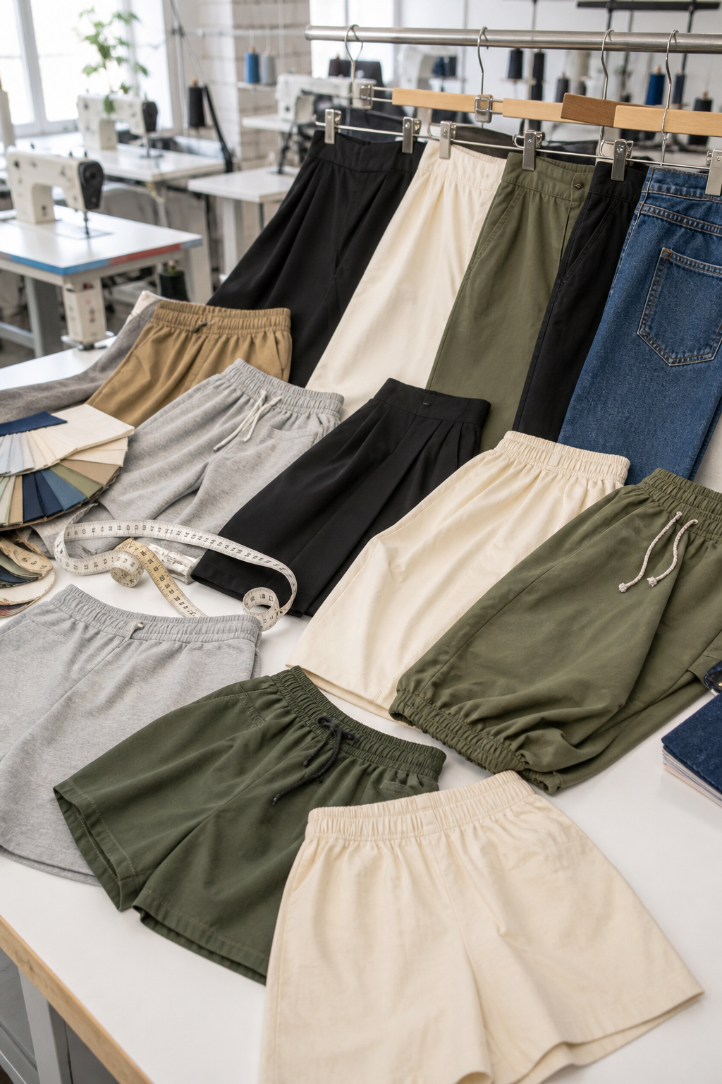 Pants, shorts and casual bottoms arranged in a clothing factory