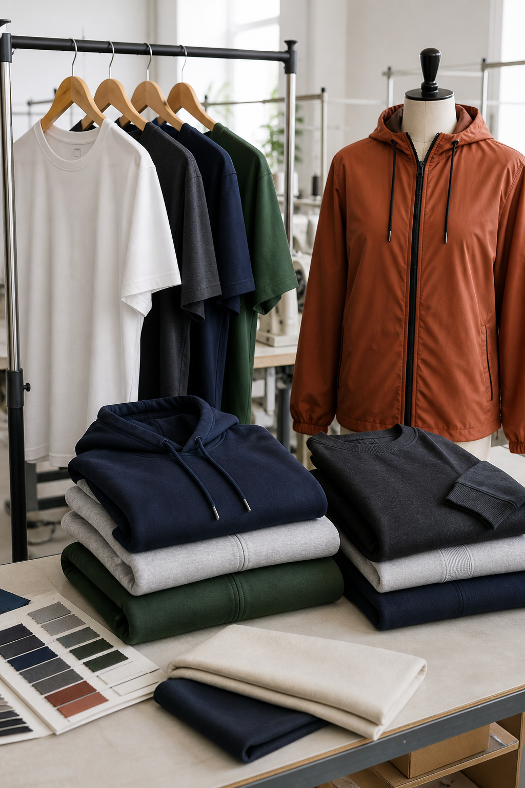 T-shirts, hoodies, sweatshirts and light jackets in a factory sample room