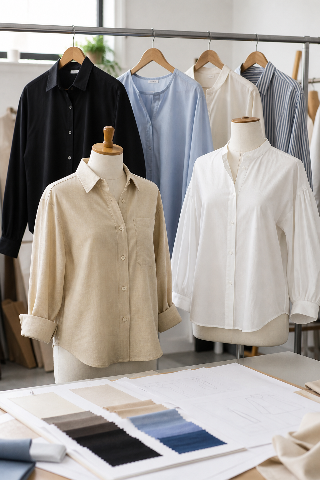 Tops, blouses and shirts in a garment factory sample room